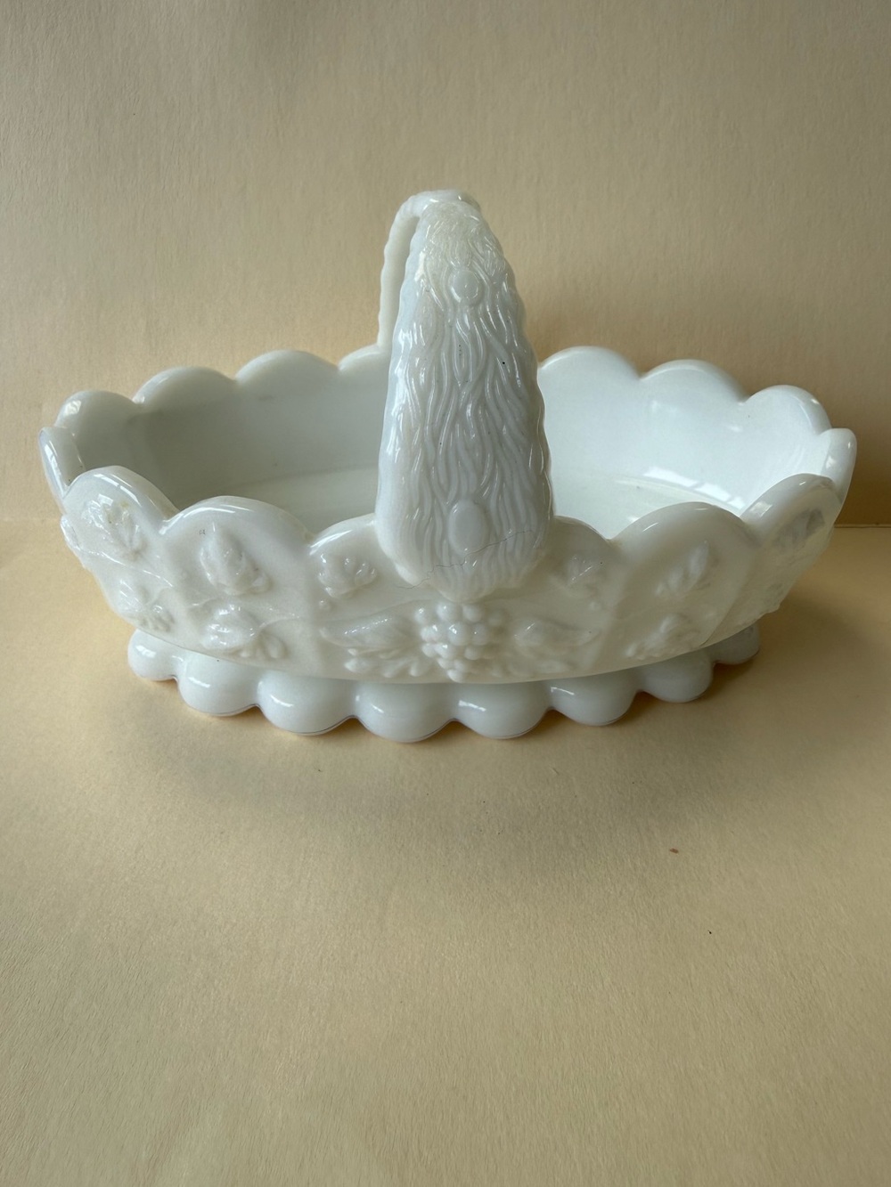 Vintage Westmoreland White Milk Glass Grape Design Footed Candy Bowl Basket.
